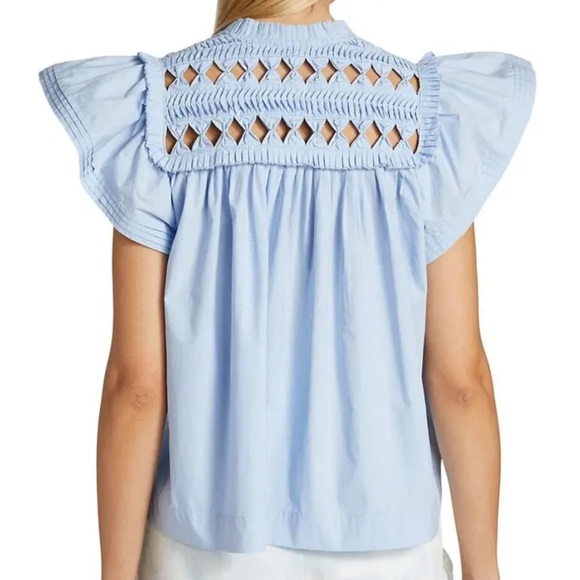 Sea New York Light Blue Smocked Cap Sleeve Cutout Top Short Sleeve Blouse size S - Picture 3 of 9